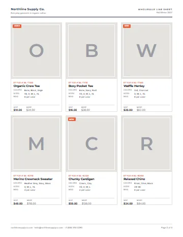 Sample apparel line sheet in the Line Sheet layout