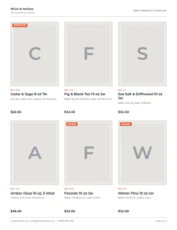 Sample candle catalog in the Modern Catalog layout