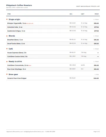 Sample coffee roaster price list in the Price List layout