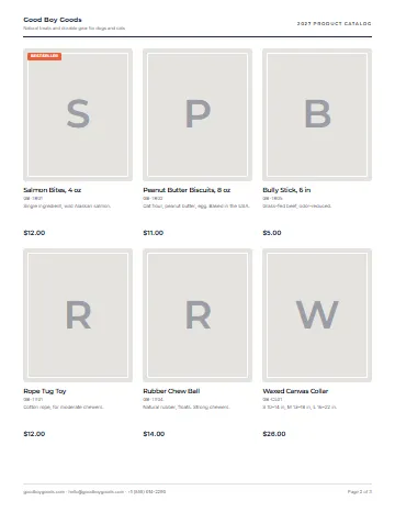 Sample pet supplies catalog in the Classic Grid layout