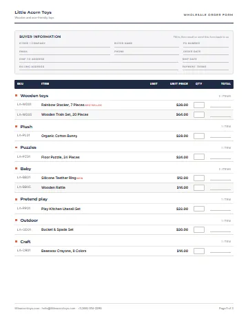 Sample toy wholesale order form in the Order Form layout