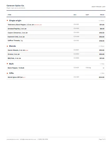Sample spice price list in the Price List layout